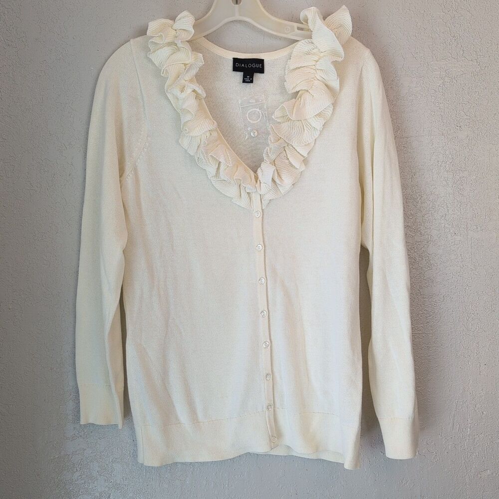 Dialogue Women's Cream Button Up Ruffle Neck Cardigan med soft girl coquette